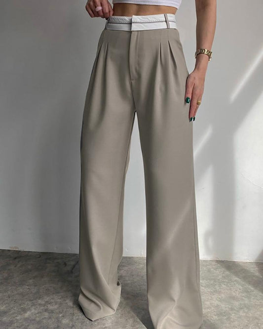 Trendy color-block waistband straight-leg pants