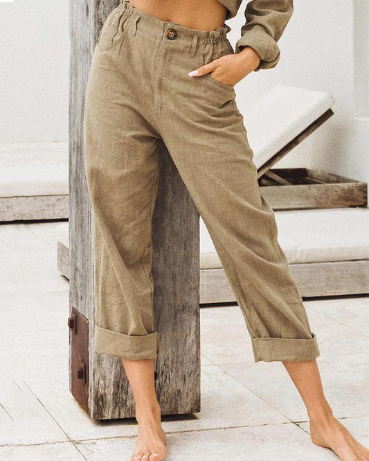 Solid Cotton Linen Loose High Waist Casual Pants
